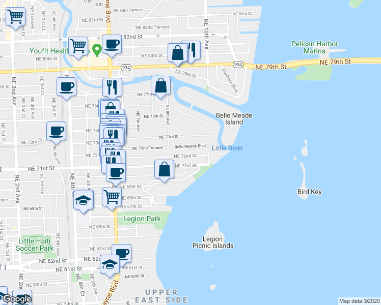 map of restaurants, bars, coffee shops, grocery stores, and more near 901 Northeast 72nd Terrace in Miami