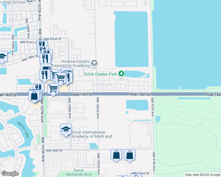 map of restaurants, bars, coffee shops, grocery stores, and more near 10061 Northwest 75th Street in Doral