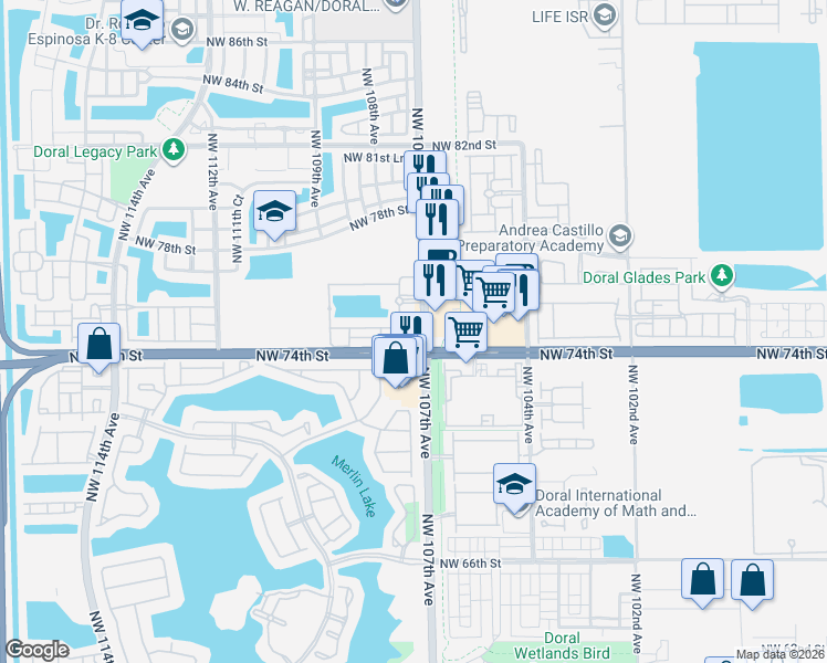 map of restaurants, bars, coffee shops, grocery stores, and more near 7510 Northwest 107th Place in Doral