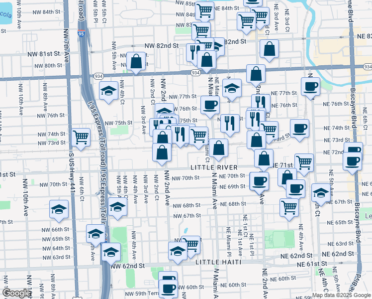 map of restaurants, bars, coffee shops, grocery stores, and more near 150 Northwest 73rd Street in Miami