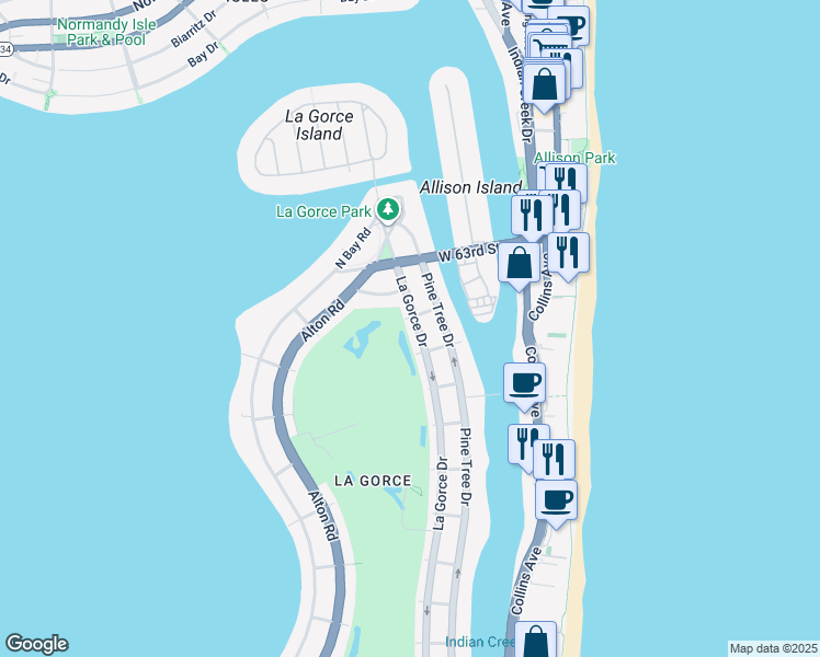 map of restaurants, bars, coffee shops, grocery stores, and more near 6101 Lagorce Drive in Miami Beach