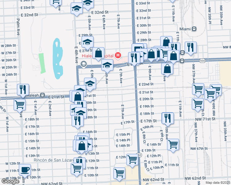 map of restaurants, bars, coffee shops, grocery stores, and more near 625 East 22nd Street in Hialeah