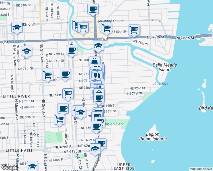 map of restaurants, bars, coffee shops, grocery stores, and more near 7250 Northeast 7th Avenue in Miami