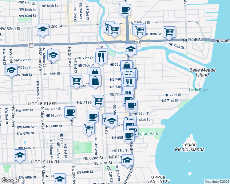 map of restaurants, bars, coffee shops, grocery stores, and more near 448 Northeast 73rd Street in Miami