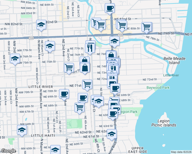 map of restaurants, bars, coffee shops, grocery stores, and more near 448 Northeast 73rd Street in Miami