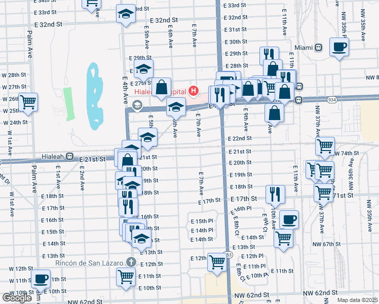 map of restaurants, bars, coffee shops, grocery stores, and more near 625 East 22nd Street in Hialeah