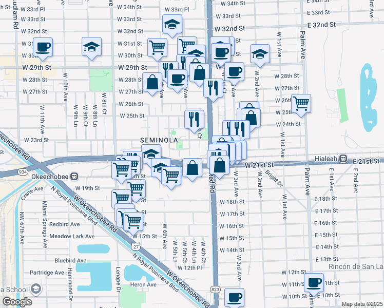 map of restaurants, bars, coffee shops, grocery stores, and more near 2257 West 5th Avenue in Hialeah
