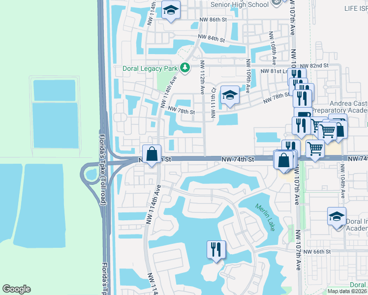 map of restaurants, bars, coffee shops, grocery stores, and more near 7551 Northwest 113th Court in Medley