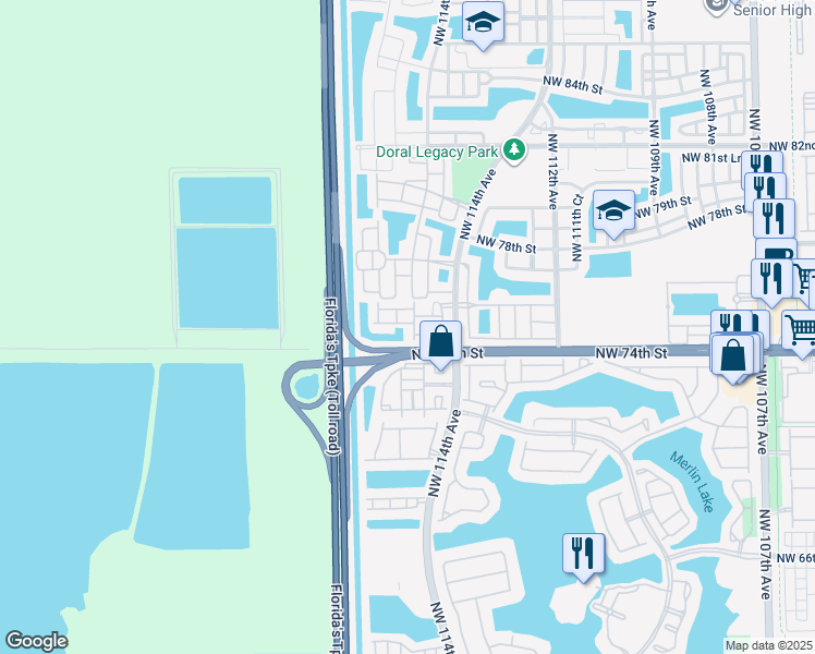 map of restaurants, bars, coffee shops, grocery stores, and more near 7490 Northwest 115th Court in Medley