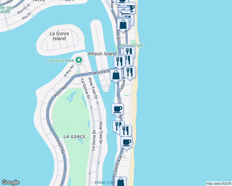 map of restaurants, bars, coffee shops, grocery stores, and more near 5900 Collins Avenue in Miami Beach