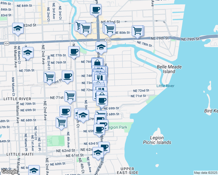 map of restaurants, bars, coffee shops, grocery stores, and more near 668 Northeast 72nd Terrace in Miami
