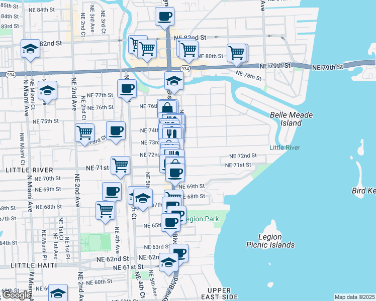 map of restaurants, bars, coffee shops, grocery stores, and more near 7250 Northeast 7th Avenue in Miami