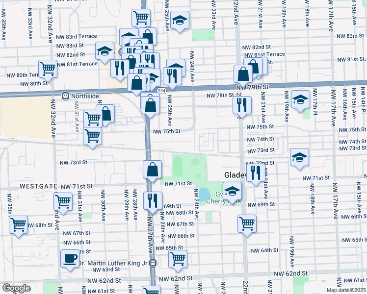 map of restaurants, bars, coffee shops, grocery stores, and more near 2430 Northwest 74th Street in Miami