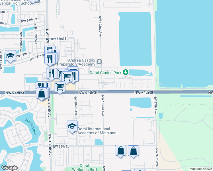 map of restaurants, bars, coffee shops, grocery stores, and more near 10061 Northwest 75th Street in Doral