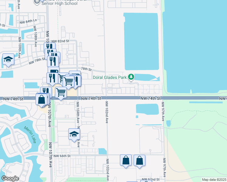 map of restaurants, bars, coffee shops, grocery stores, and more near 10061 Northwest 75th Street in Doral