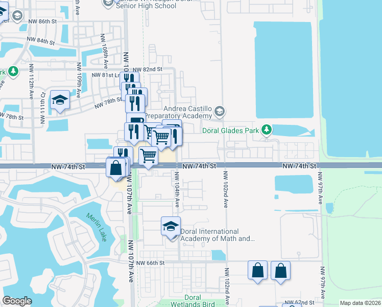map of restaurants, bars, coffee shops, grocery stores, and more near 7512 Northwest 103rd Court in Doral