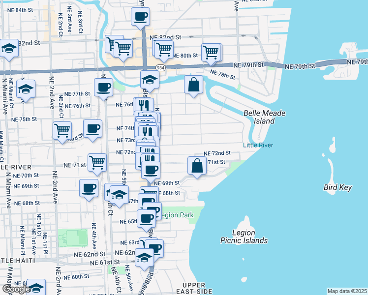 map of restaurants, bars, coffee shops, grocery stores, and more near 741 Northeast 72nd Terrace in Miami