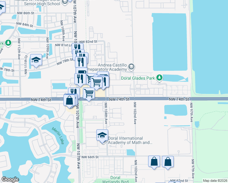 map of restaurants, bars, coffee shops, grocery stores, and more near 7512 Northwest 103rd Court in Doral