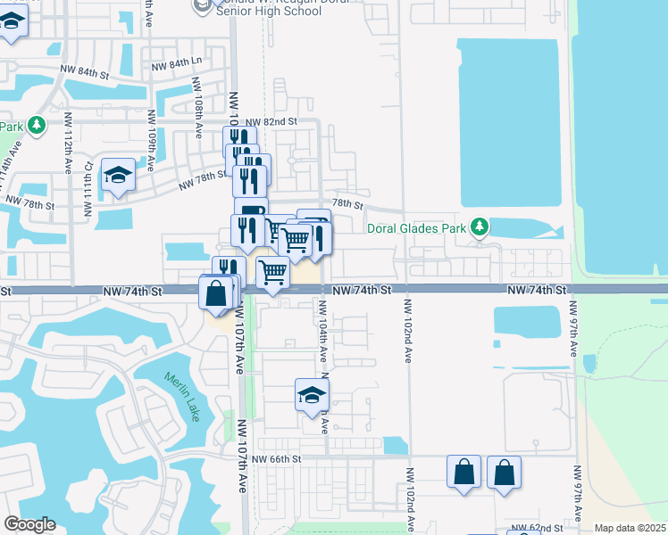map of restaurants, bars, coffee shops, grocery stores, and more near 7512 Northwest 103rd Court in Doral