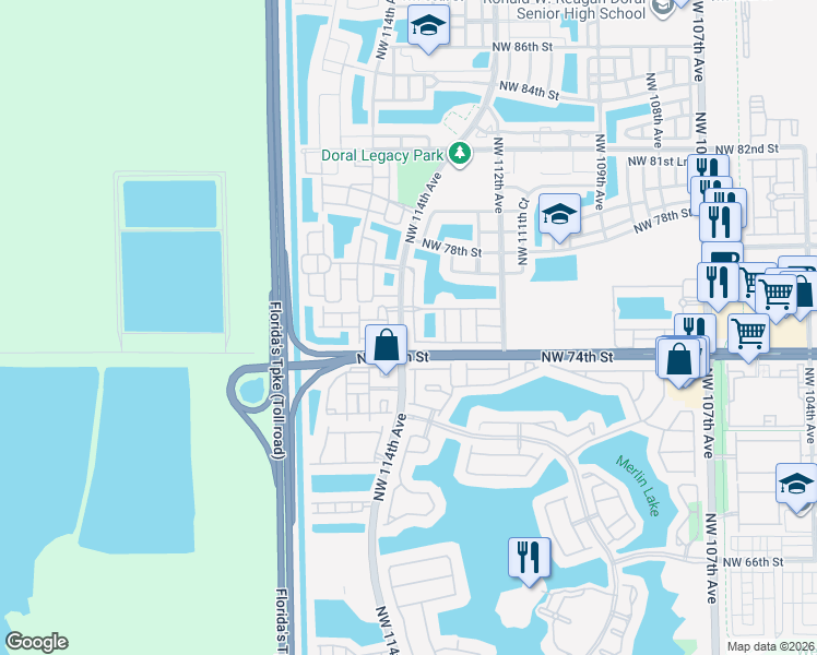 map of restaurants, bars, coffee shops, grocery stores, and more near 7570 Northwest 113th Path in Doral