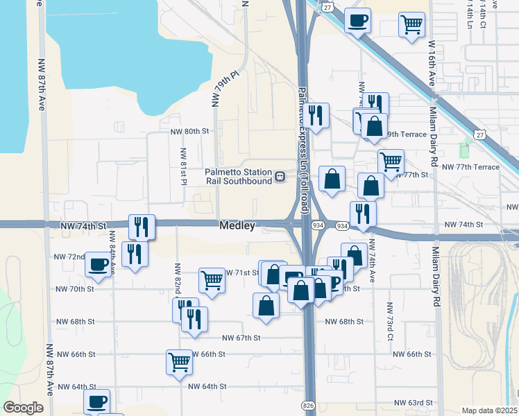 map of restaurants, bars, coffee shops, grocery stores, and more near 7400 Northwest 79th Avenue in Medley