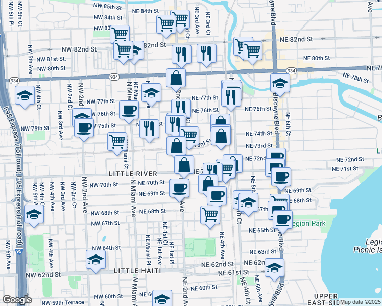 map of restaurants, bars, coffee shops, grocery stores, and more near 201299 Northeast 72nd Street in Miami
