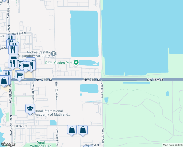 map of restaurants, bars, coffee shops, grocery stores, and more near 9825 Northwest 75th Street in Doral