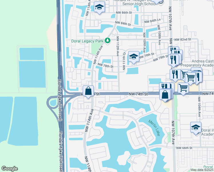 map of restaurants, bars, coffee shops, grocery stores, and more near 7502 Northwest 112 Path in Doral
