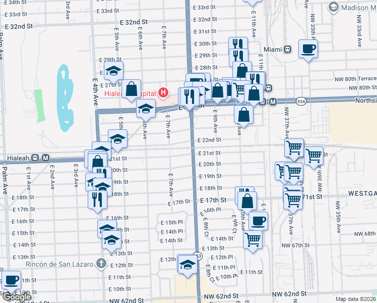 map of restaurants, bars, coffee shops, grocery stores, and more near in Hialeah