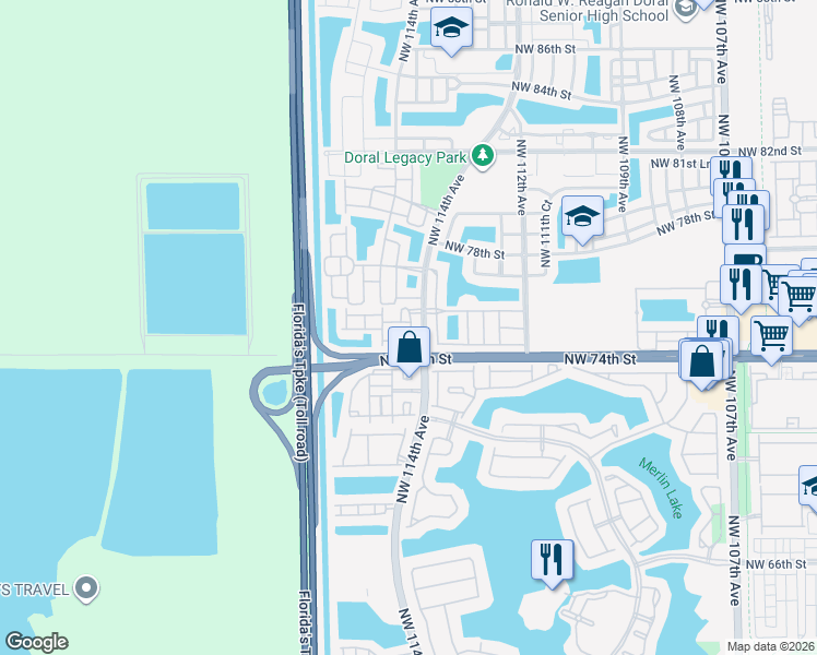map of restaurants, bars, coffee shops, grocery stores, and more near 7510 Northwest 114th Place in Medley