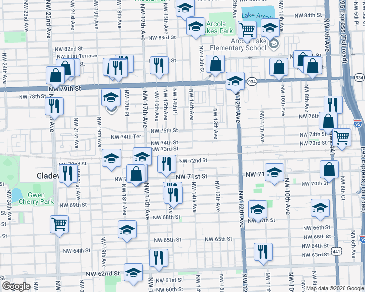 map of restaurants, bars, coffee shops, grocery stores, and more near 1400 Northwest 74th Street in Miami