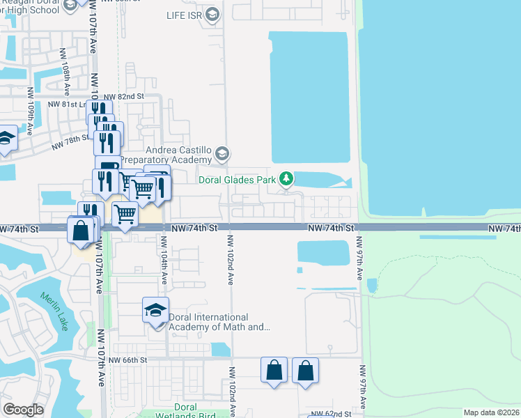 map of restaurants, bars, coffee shops, grocery stores, and more near 10061 Northwest 75th Street in Doral