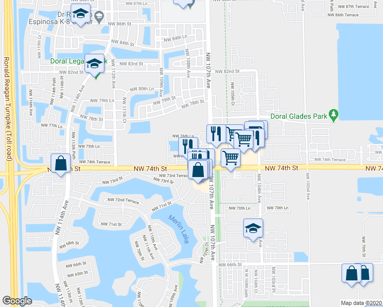 map of restaurants, bars, coffee shops, grocery stores, and more near 10721 Northwest 75th Street in Medley