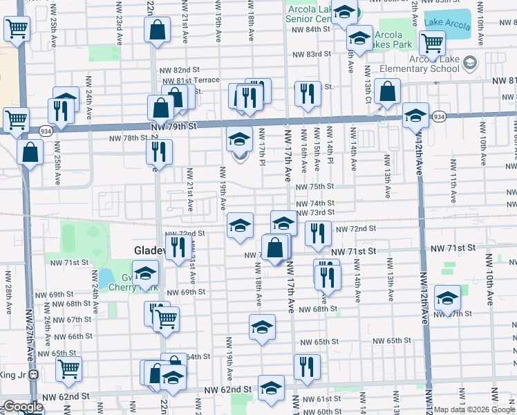 map of restaurants, bars, coffee shops, grocery stores, and more near 1801 Northwest 74th Street in Miami