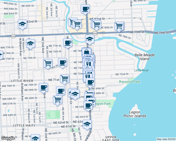map of restaurants, bars, coffee shops, grocery stores, and more near 7281 Biscayne Boulevard in Miami