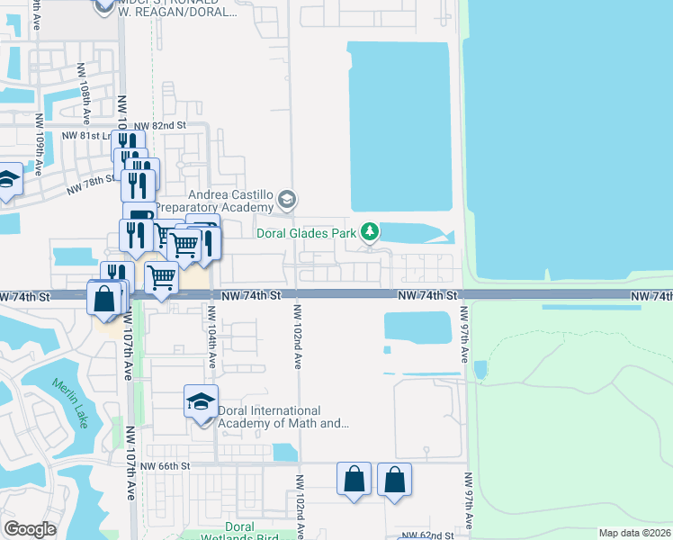 map of restaurants, bars, coffee shops, grocery stores, and more near 10061 Northwest 75th Street in Doral