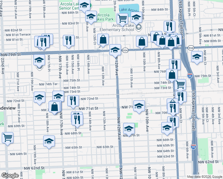 map of restaurants, bars, coffee shops, grocery stores, and more near 1280 Northwest 74th Street in Miami