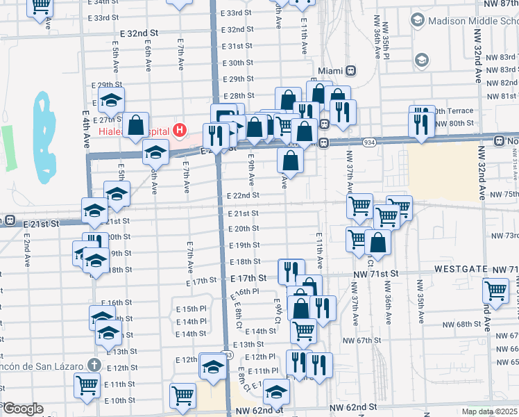 map of restaurants, bars, coffee shops, grocery stores, and more near 909 East 21st Street in Hialeah