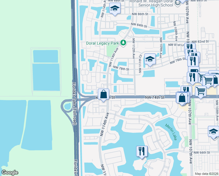 map of restaurants, bars, coffee shops, grocery stores, and more near 7570 Northwest 113th Place in Doral
