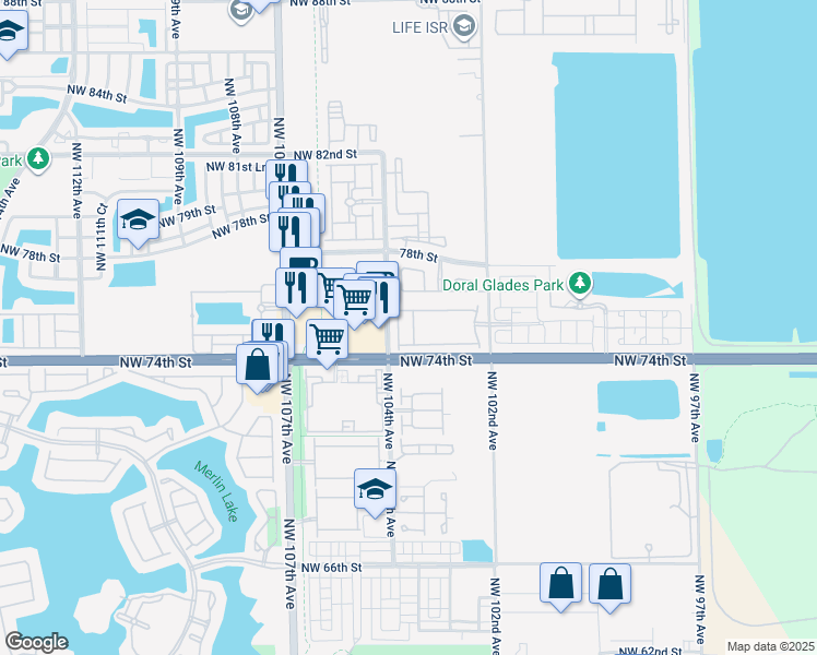 map of restaurants, bars, coffee shops, grocery stores, and more near 7512 Northwest 103rd Court in Doral