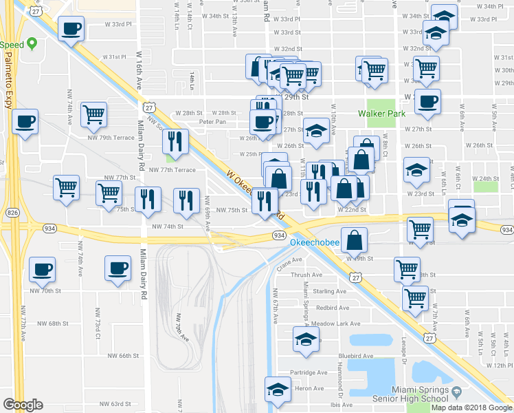 map of restaurants, bars, coffee shops, grocery stores, and more near 7513 Northwest South River Drive in Medley