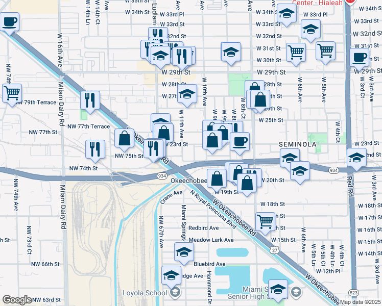 map of restaurants, bars, coffee shops, grocery stores, and more near 2255 West 11th Avenue in Hialeah