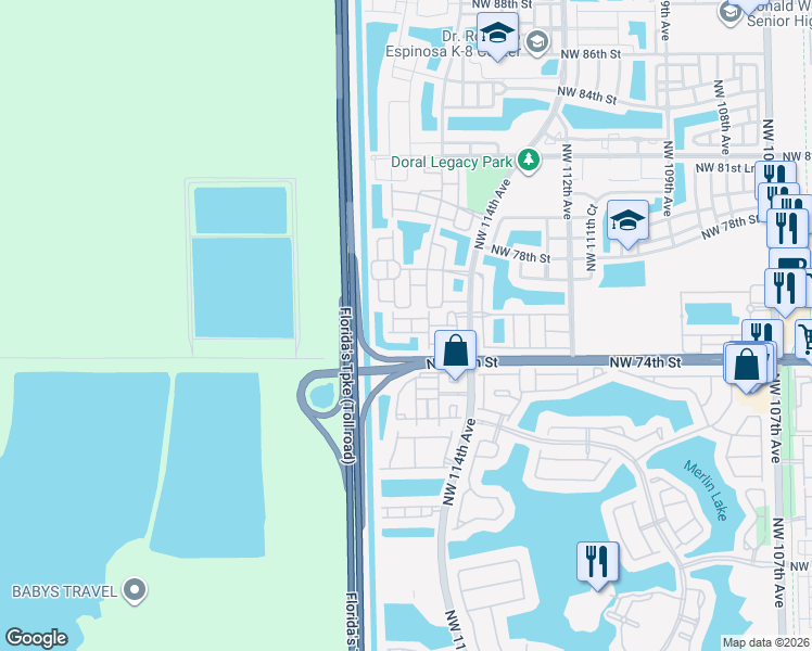 map of restaurants, bars, coffee shops, grocery stores, and more near 7480 Northwest 115th Court in Medley
