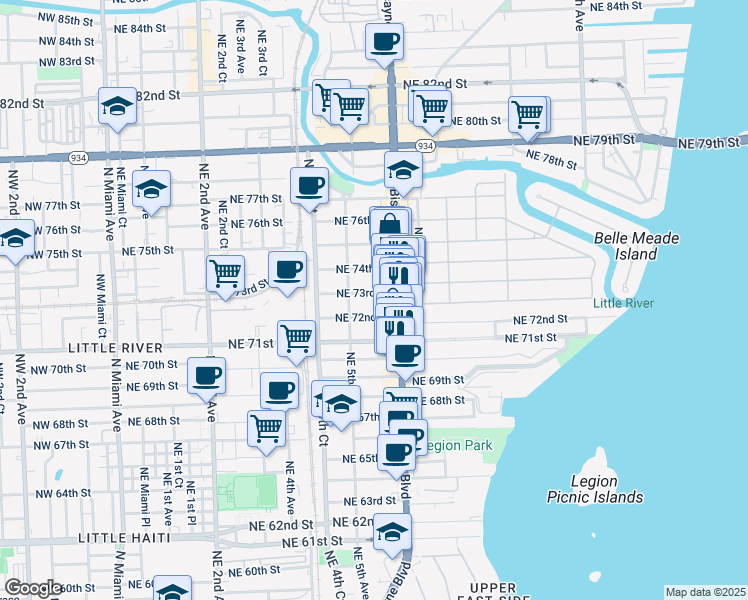 map of restaurants, bars, coffee shops, grocery stores, and more near 556 Northeast 73rd Street in Miami