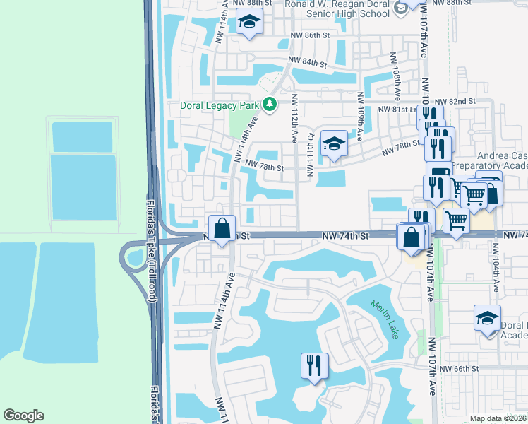 map of restaurants, bars, coffee shops, grocery stores, and more near 7551 Northwest 113th Court in Medley