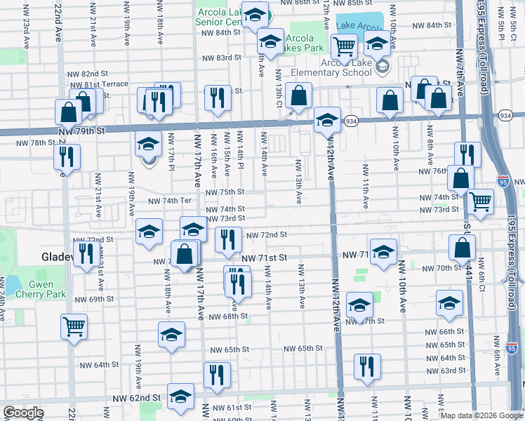 map of restaurants, bars, coffee shops, grocery stores, and more near 1400 NW 74th St in Miami