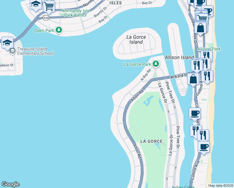 map of restaurants, bars, coffee shops, grocery stores, and more near 5970 North Bay Road in Miami Beach