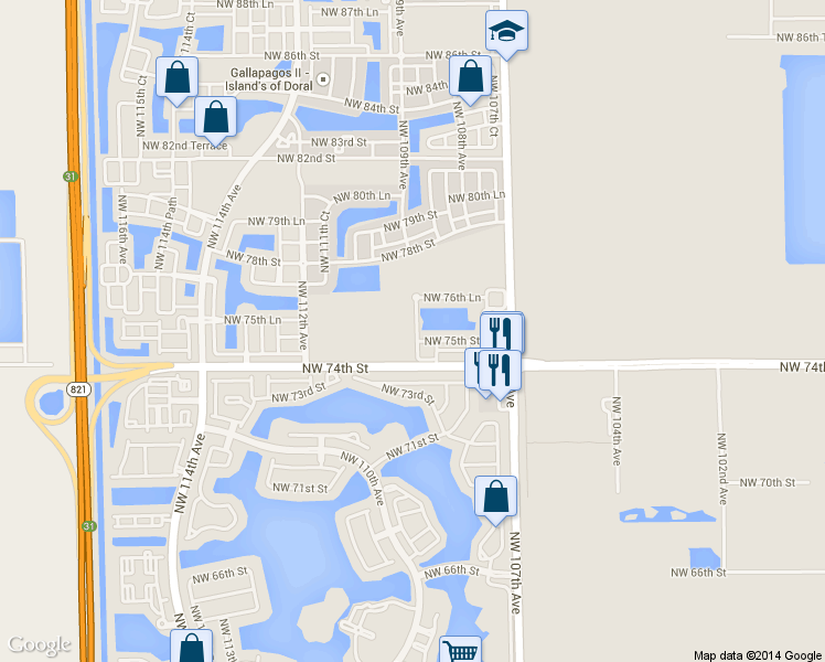 map of restaurants, bars, coffee shops, grocery stores, and more near 7514 Northwest 108th Path in Doral