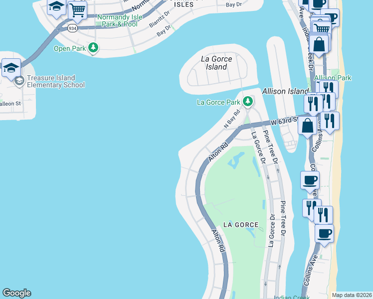 map of restaurants, bars, coffee shops, grocery stores, and more near 5970 North Bay Road in Miami Beach