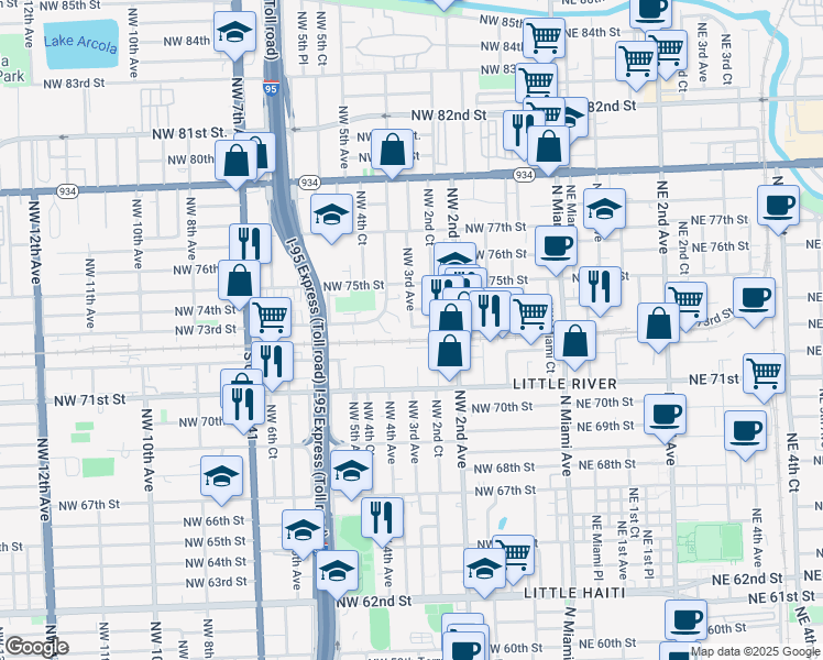 map of restaurants, bars, coffee shops, grocery stores, and more near 260 Northwest 73rd Street in Miami